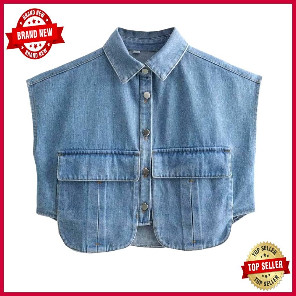 Cropped Denim Button Down Shirt with Pockets Loose Fit Sleeveless Top